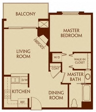 Floor plan for 1 bed, 1 bath, 667 sqft